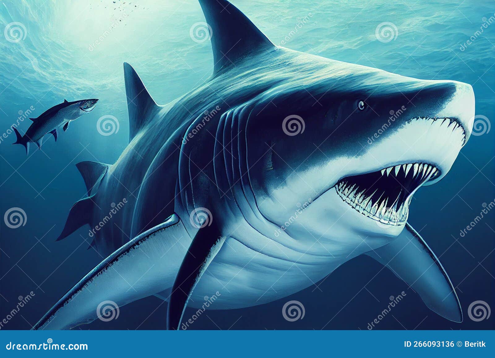 Illustration Of A Megalodon Shark, Prehistoric Sea Creature, Predator