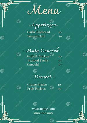 Illustration Of Menu With List Of Appetizers Main Course Dessert With 
