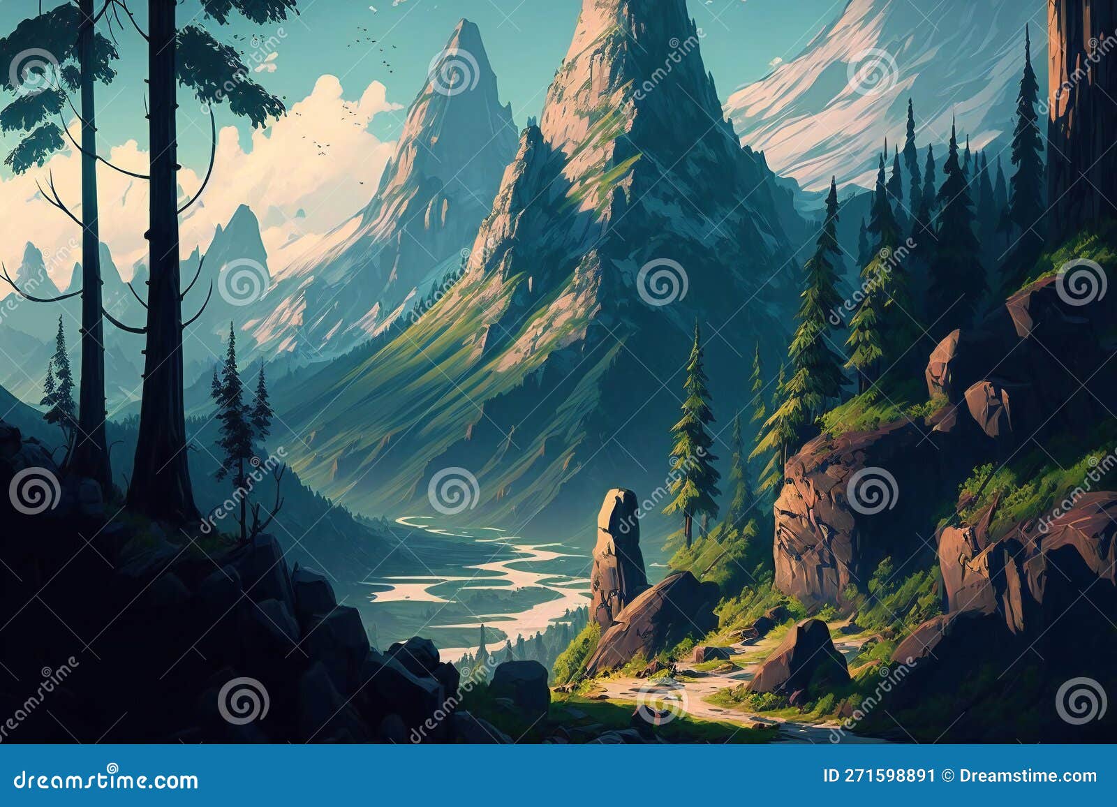 Vector Illustration Of A Lakeside Walkway With Beautiful Mountain Scenery  In The Background In Anime Style, Wallpaper, Of, Background Background  Image And Wallpaper for Free Download