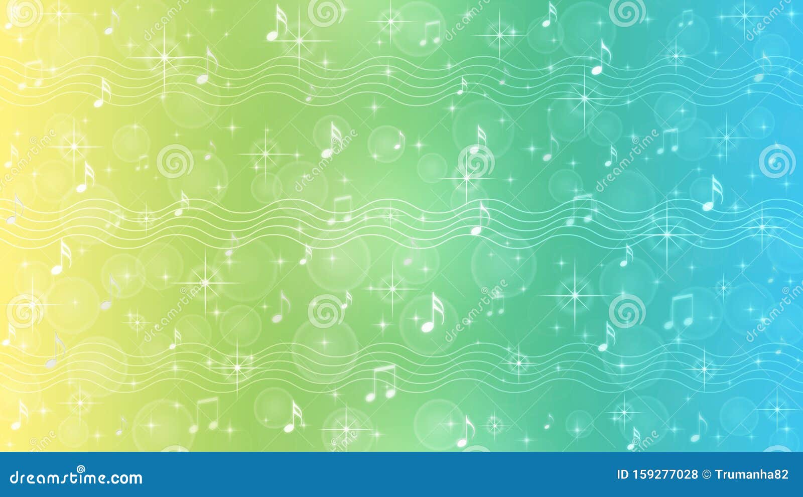 abstract music notes and staves in pastel blue, green and yellow gradient background