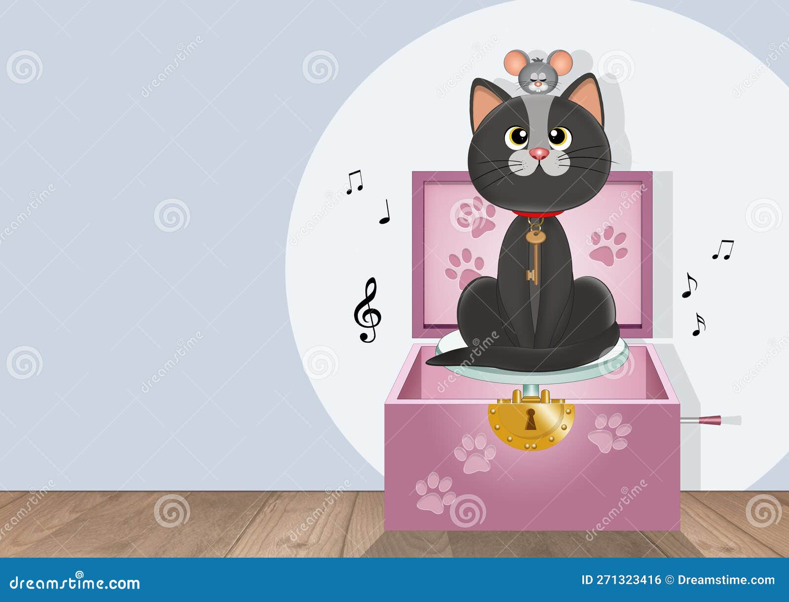Illustration of the Musician Cat Playing in the Music Box Stock
