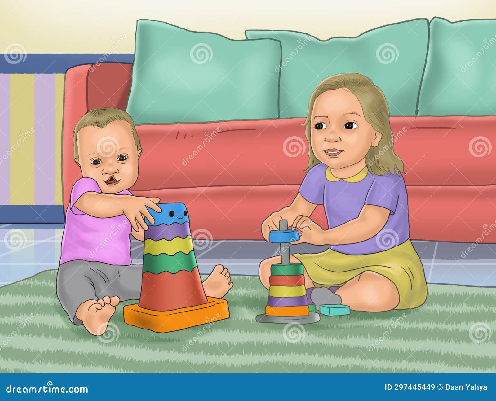 Illustration of an Older Sister Playing with Her Younger Sibling Stock