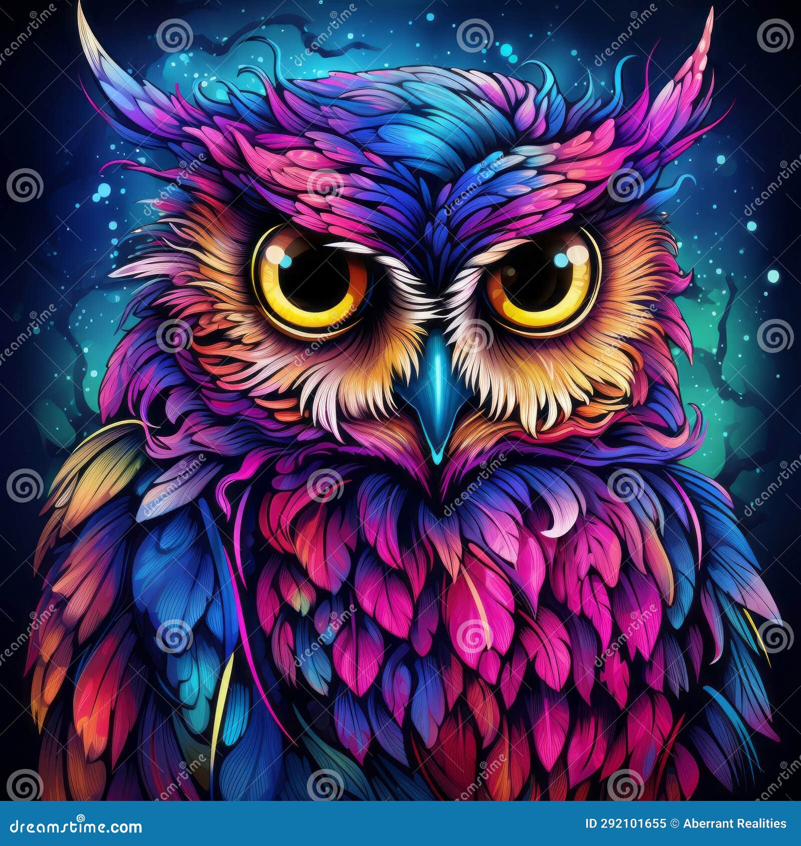 An Illustration of an Owl with Colorful Eyes Stock Illustration