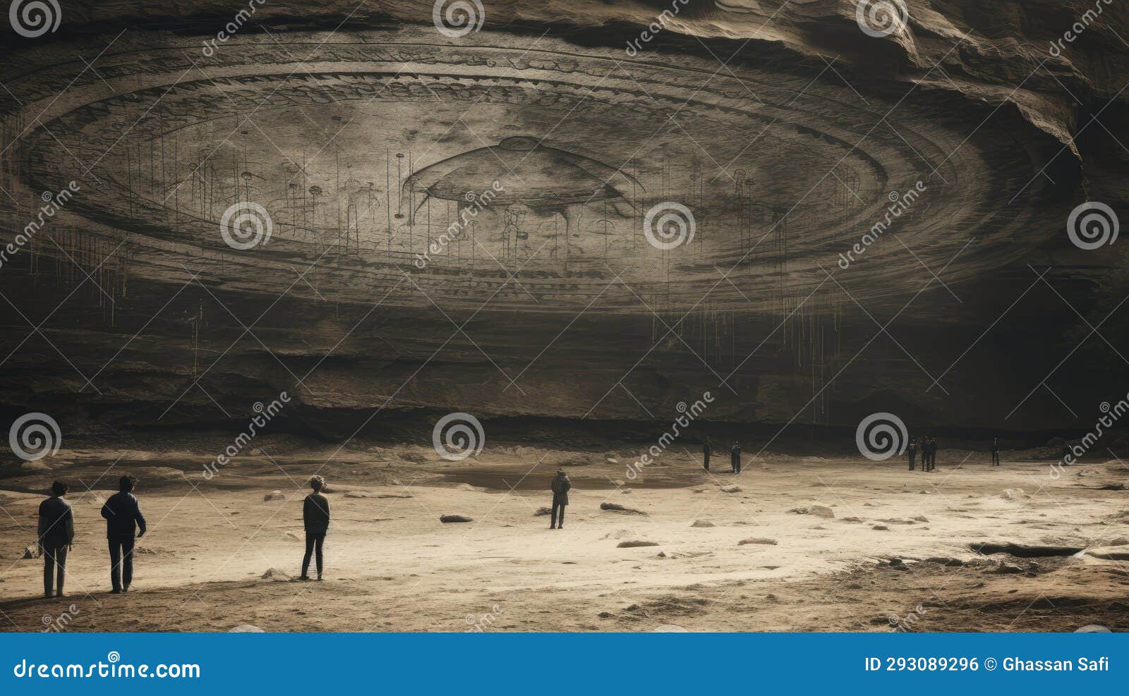 people looking at an ancient alien circular craft carved in a rocky enclave