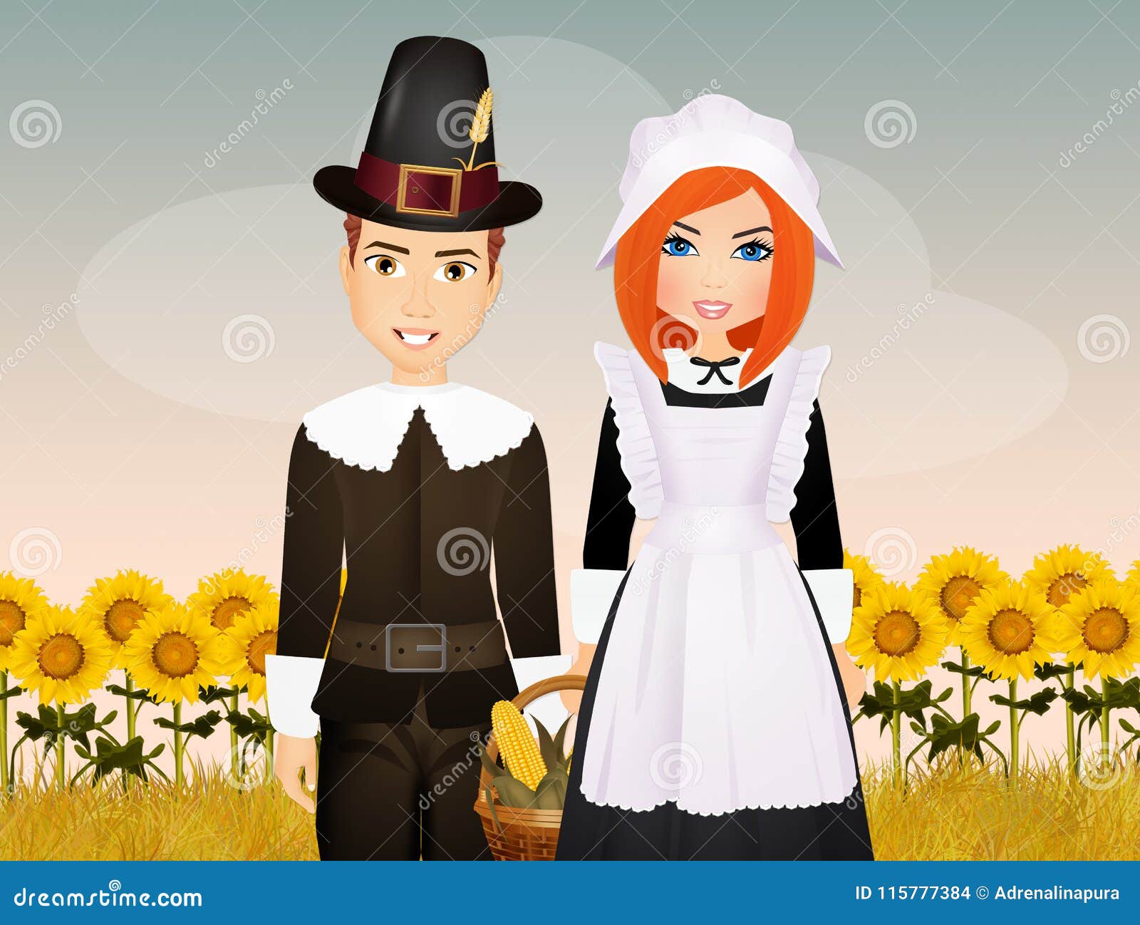 Pilgrim Couple In Thanksgiving Day Stock Illustration Illustration Of Wheat Corn 115777384