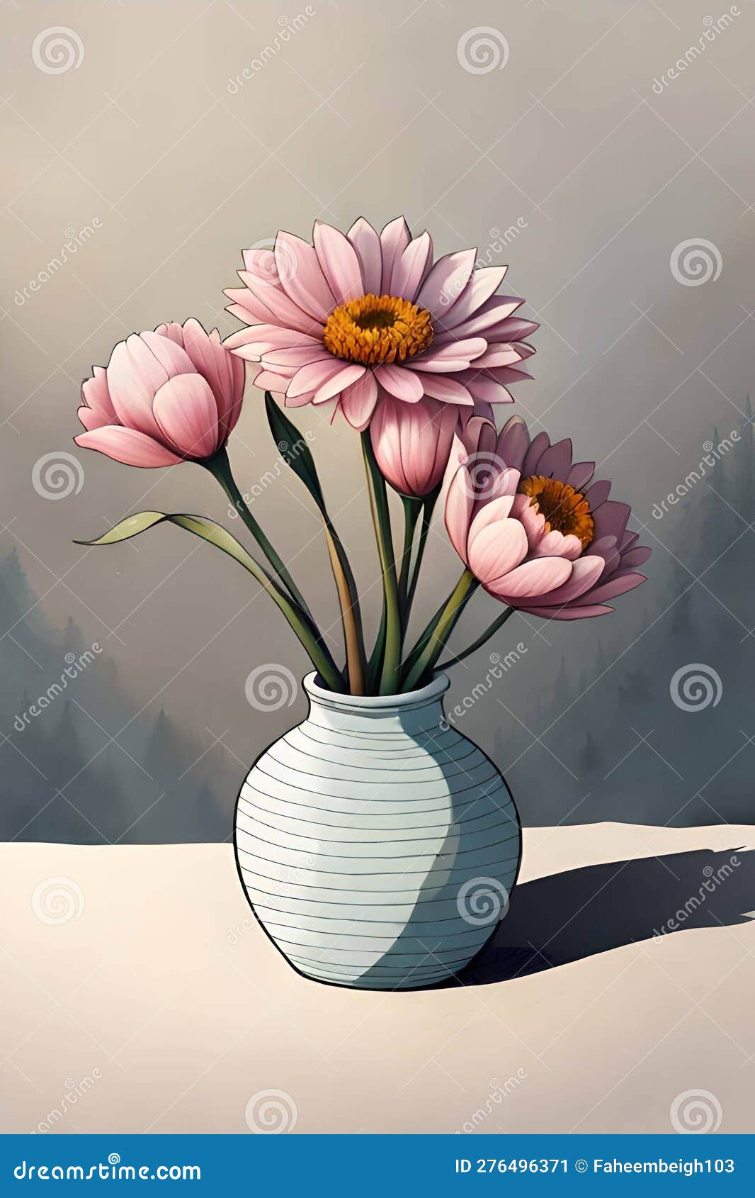 Illustration of Pink Flowers on a White Vase Over a Light Gradient