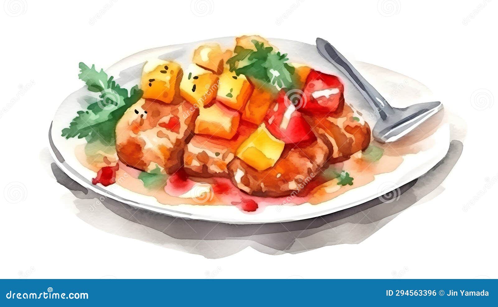 Illustration of a Plate of Pork Tenderloin with Mango Sauce Stock