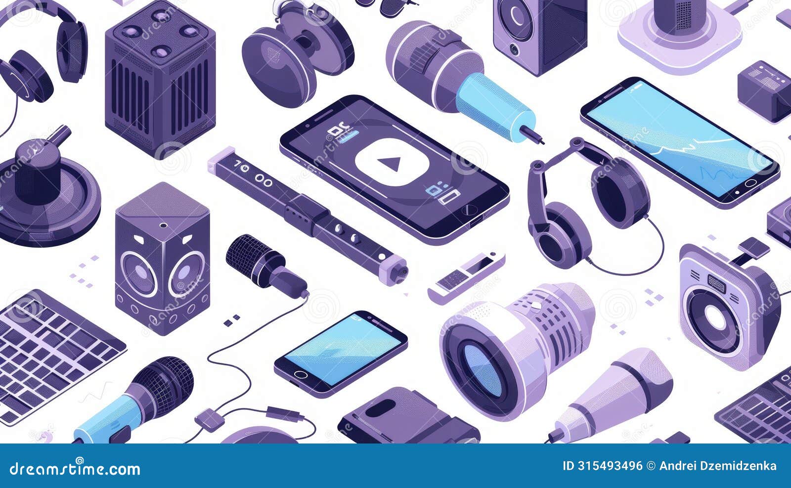 an  of a podcasting business landing page with isometric media equipment, microphones, smartphones, and