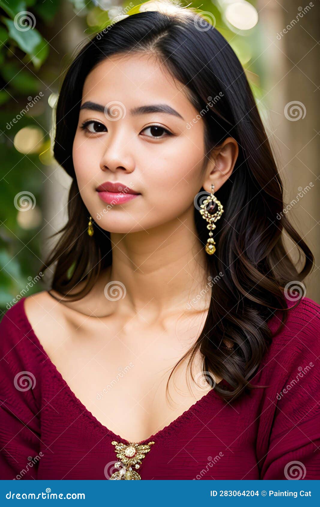 Portrait Of A Beautiful Young Asian Woman In A Red Dress Stock