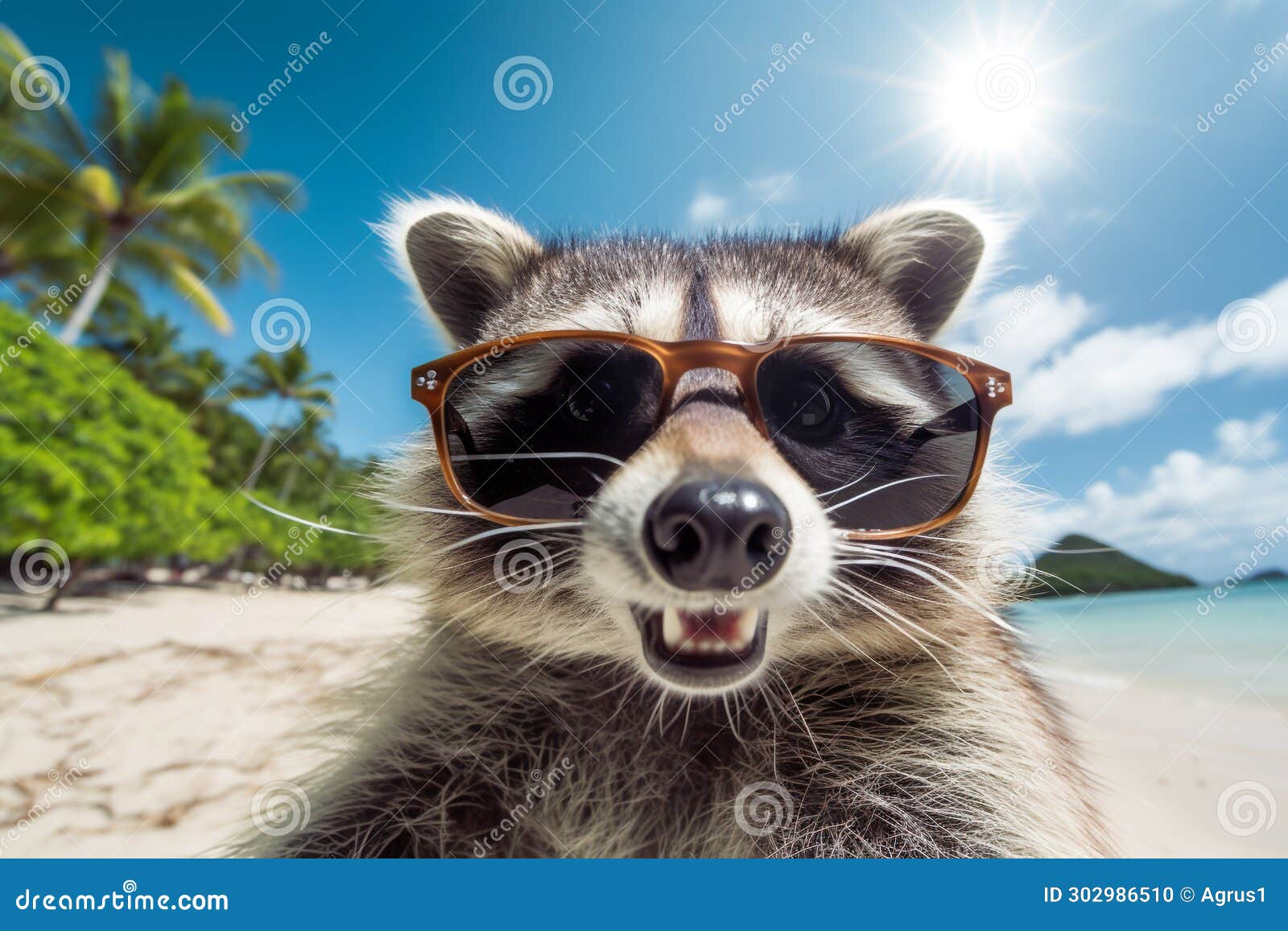  of an raccon wearing sunglasses on the beach. generative ai