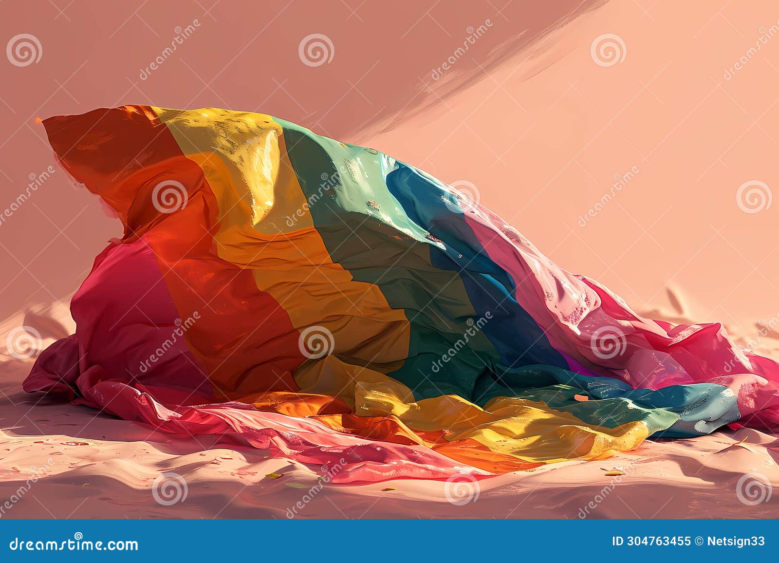 An Illustration of a Rainbow Flag, a Rainbow Colored Blanket on a Bed