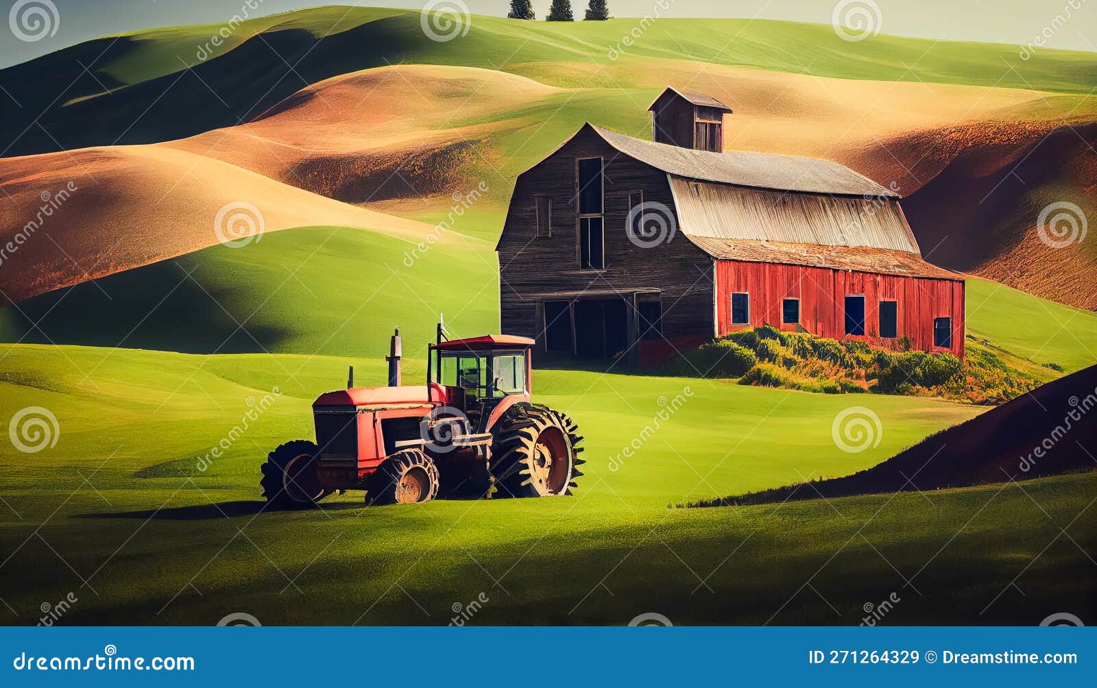 An Illustration of the Red Barn and Farm Equipment in the Rolling Hills