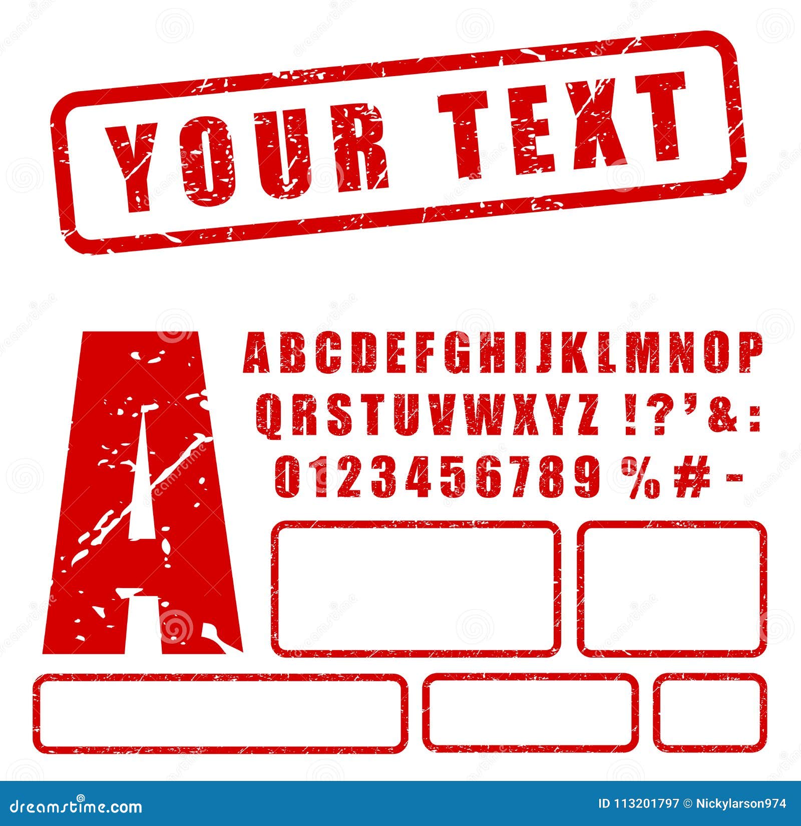 Rubber stamp font. Red letters and numbers template typography for