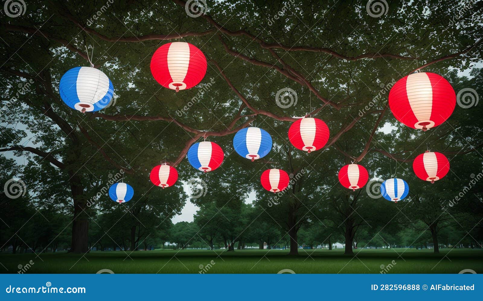 An Illustration of a Remarkable Display of Red, White and Blue Paper Lanterns Stock Illustration