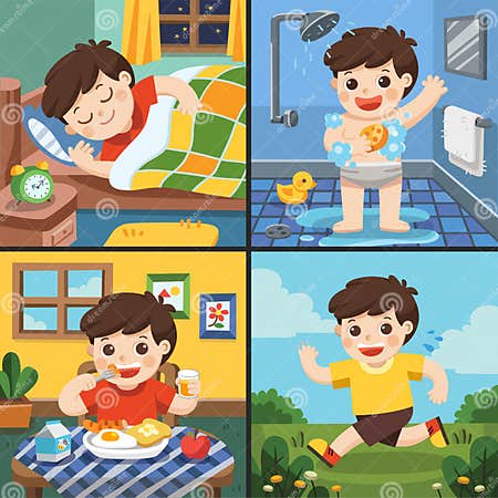 Illustration of the daily Routine of a Cute Boy. Stock Vector ...