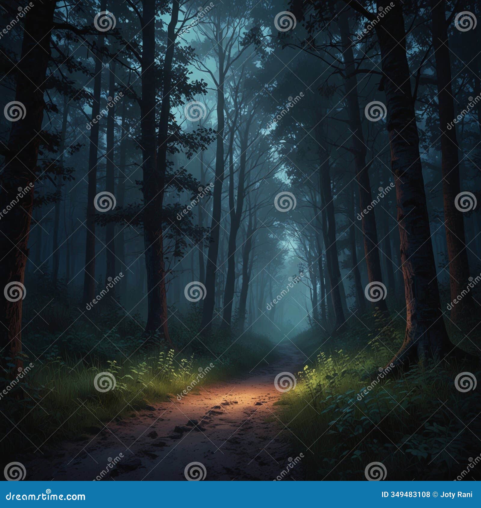  of rural roads in the middle of a tropical jungle at night, look misty and foggy dark background.