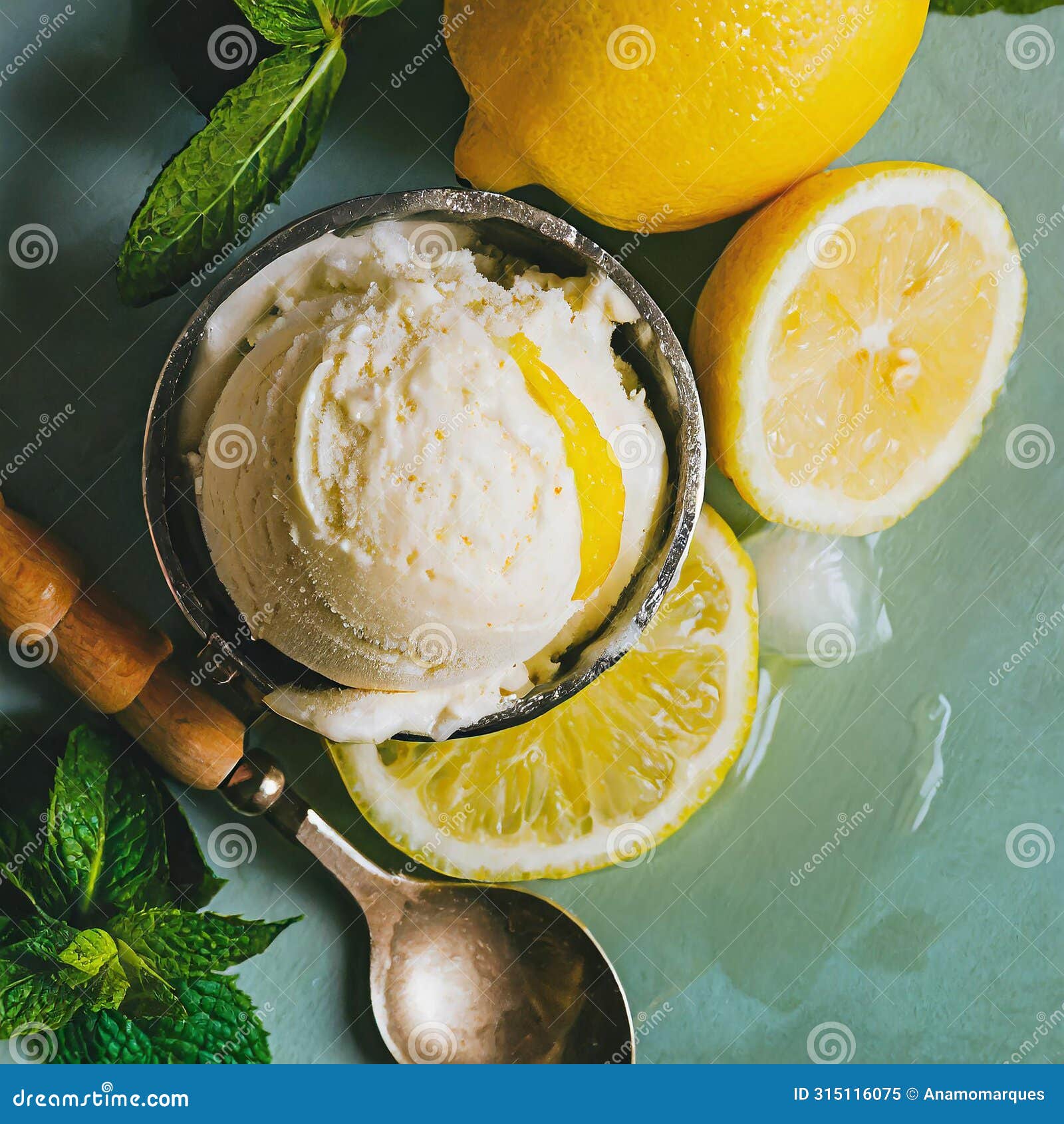 Illustration of a Scoop of Lemon Ice Cream, Surrounded by Fresh Lemon ...