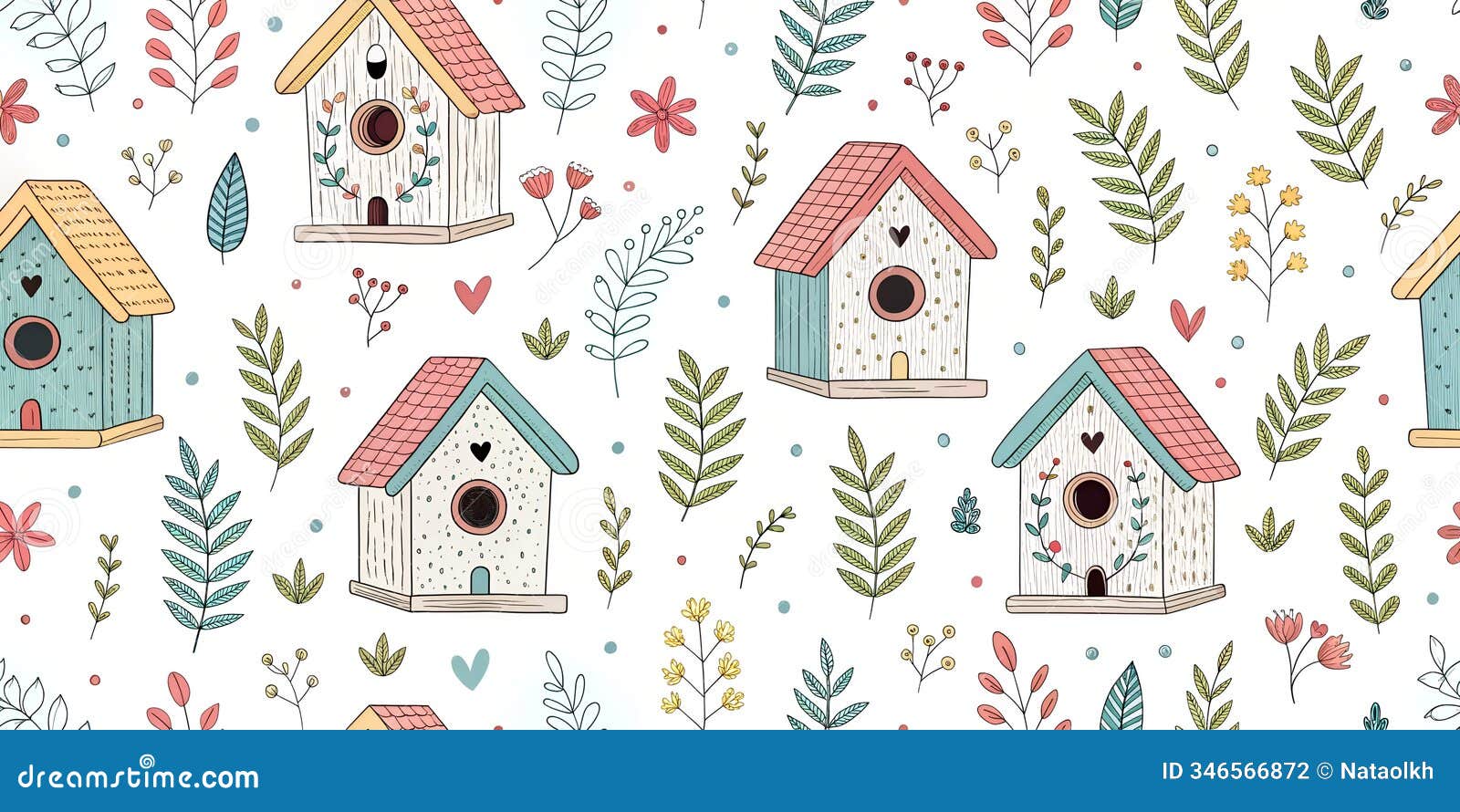 seamless pattern with a cute birdhouse on white background.