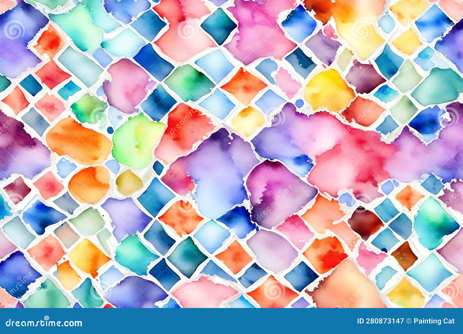 Seamless Watercolor Mosaic Pattern, Handdrawn Illustration Stock