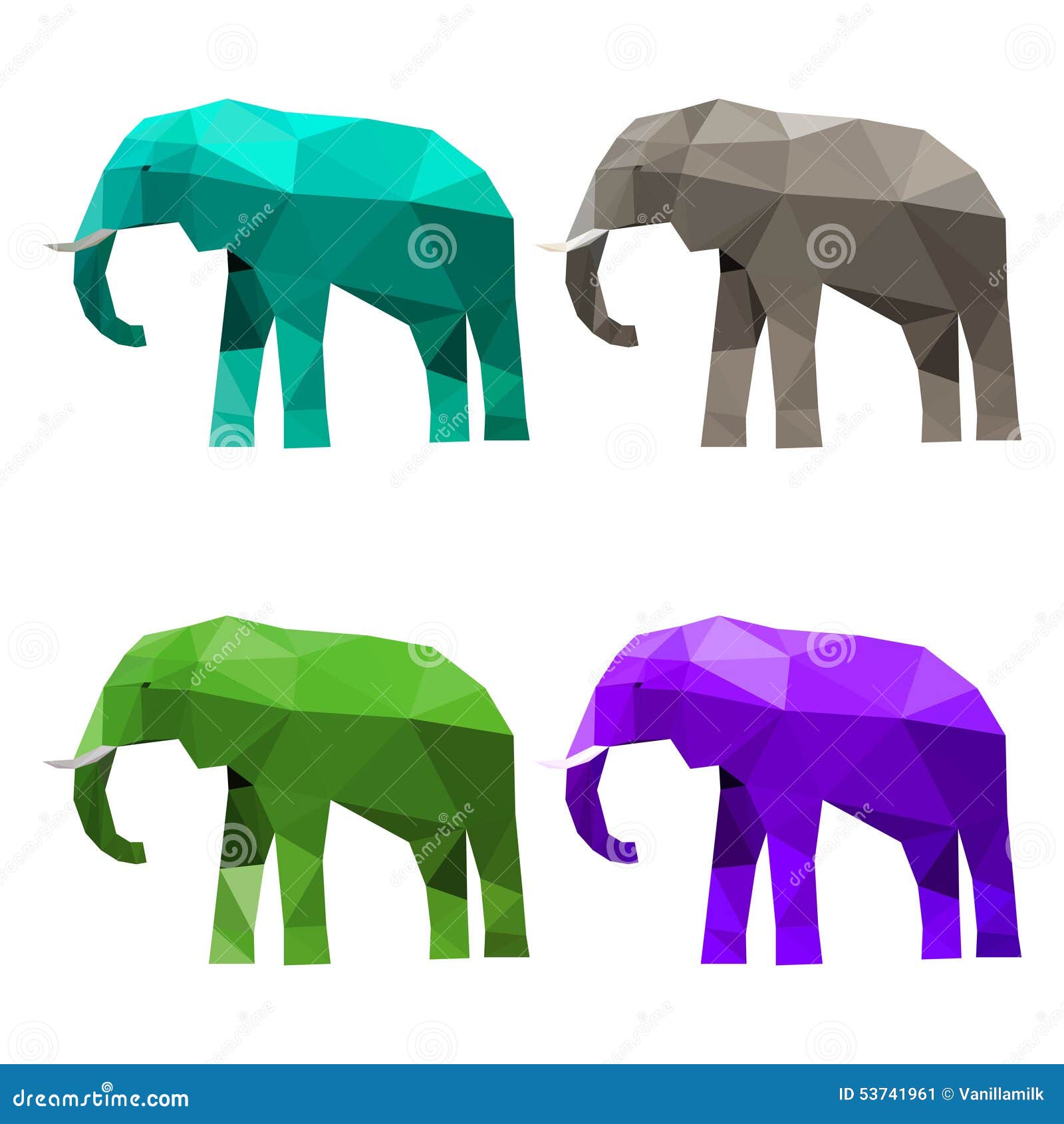  with set of blue, green, purple and grey colored abstract geometric polygonal triangular elephant  on white