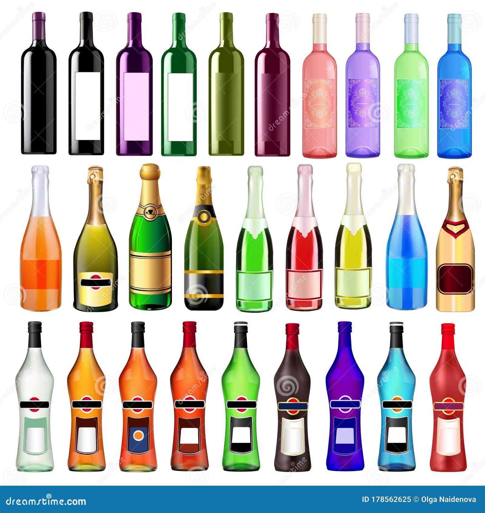 Set of Bottles of Wine, Champagne and Martini of Different Brands Stock