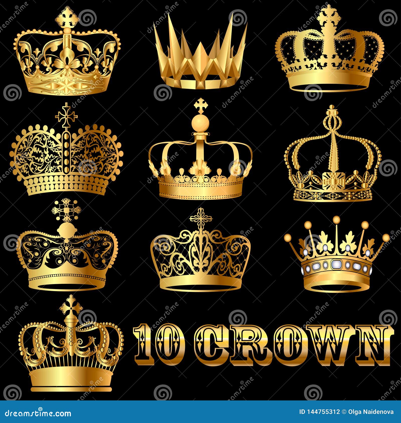 Set of Gold Crowns on a Black Background Stock Vector - Illustration of ...