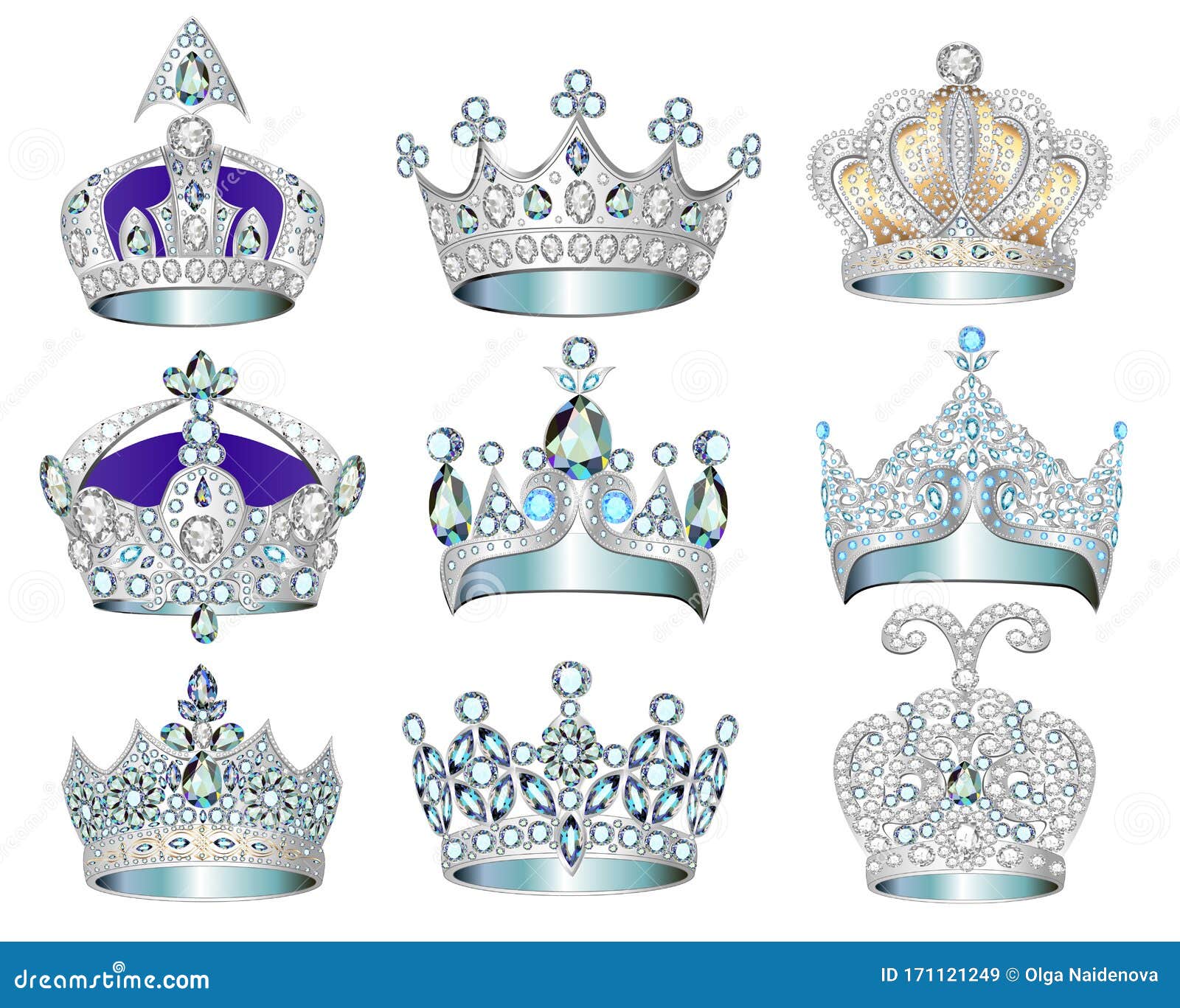 set of jewelry silver crowns with precious stones
