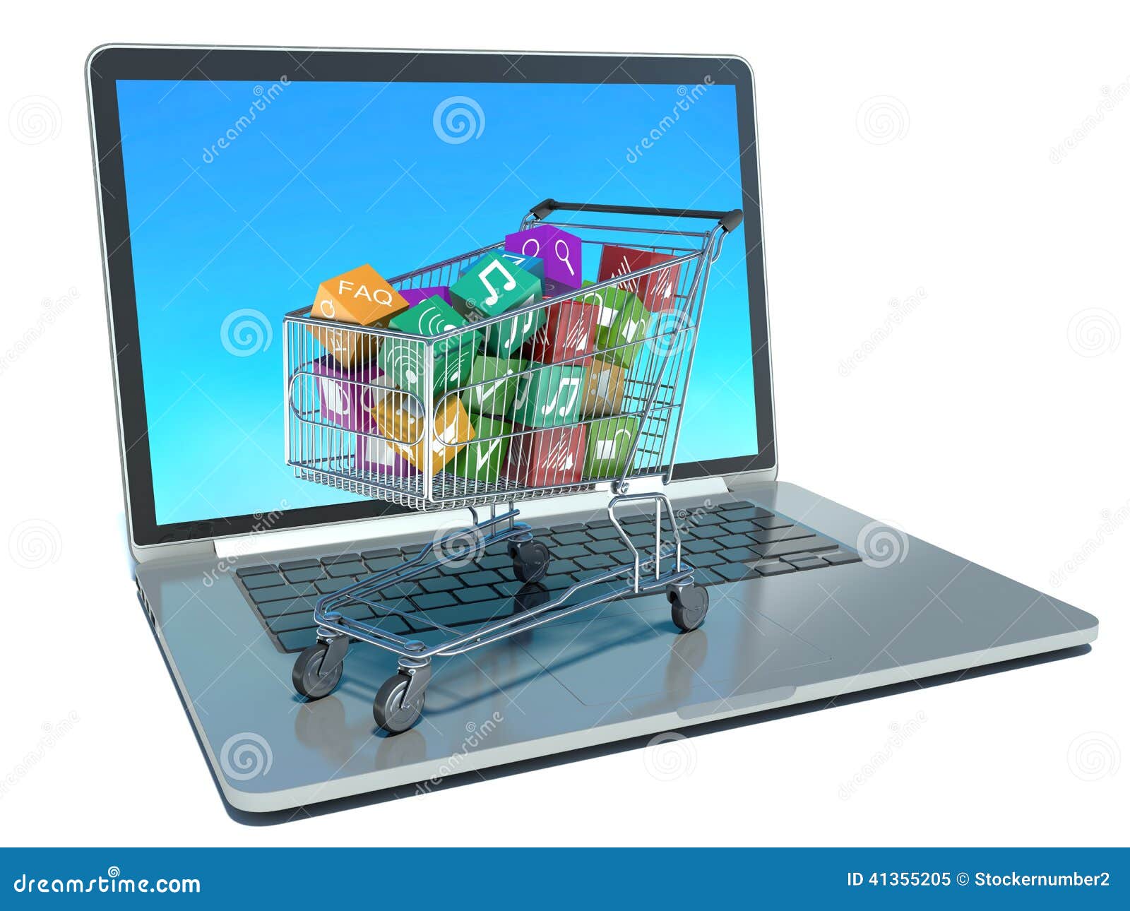 Illustration of Shopping Cart with Media Boxes on Laptop Stock
