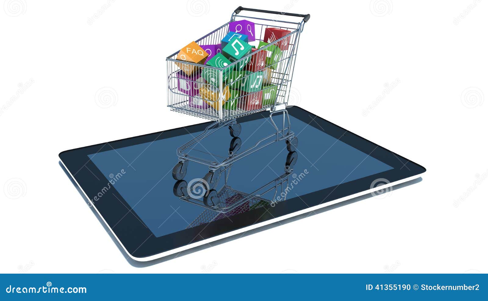Illustration of Shopping Cart with Media Boxes on Tablet Pc Stock