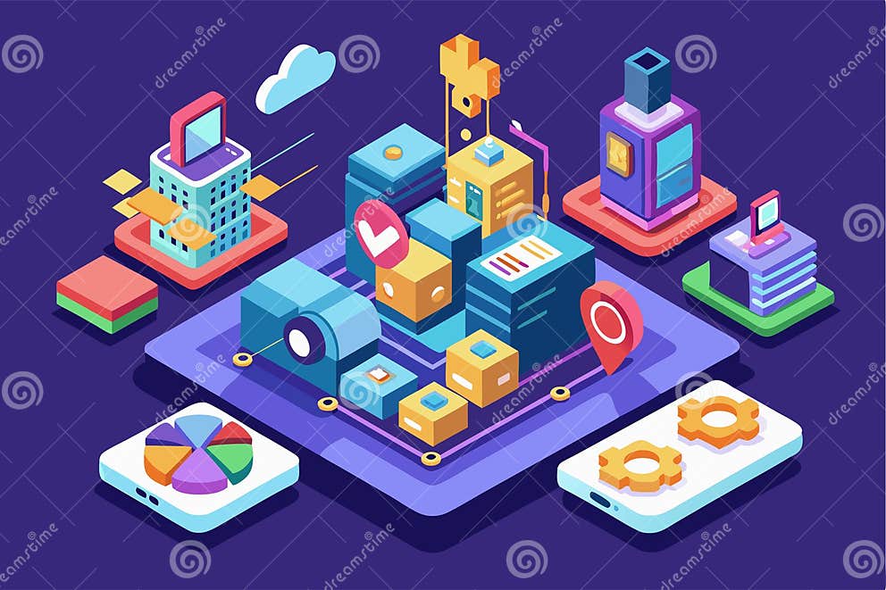 This Illustration Showcases a Vibrant Isometric Design Highlighting