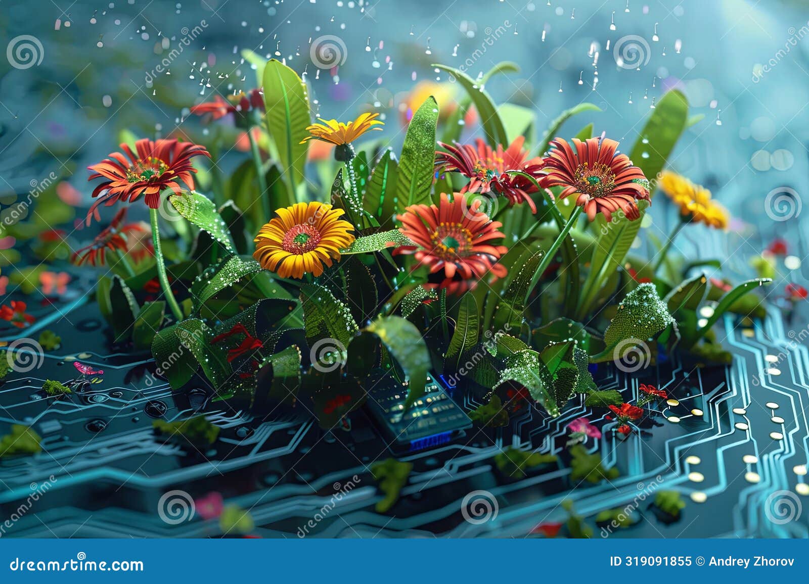 Illustration Showing Vibrant Flowers Blooming Amidst the Intricate