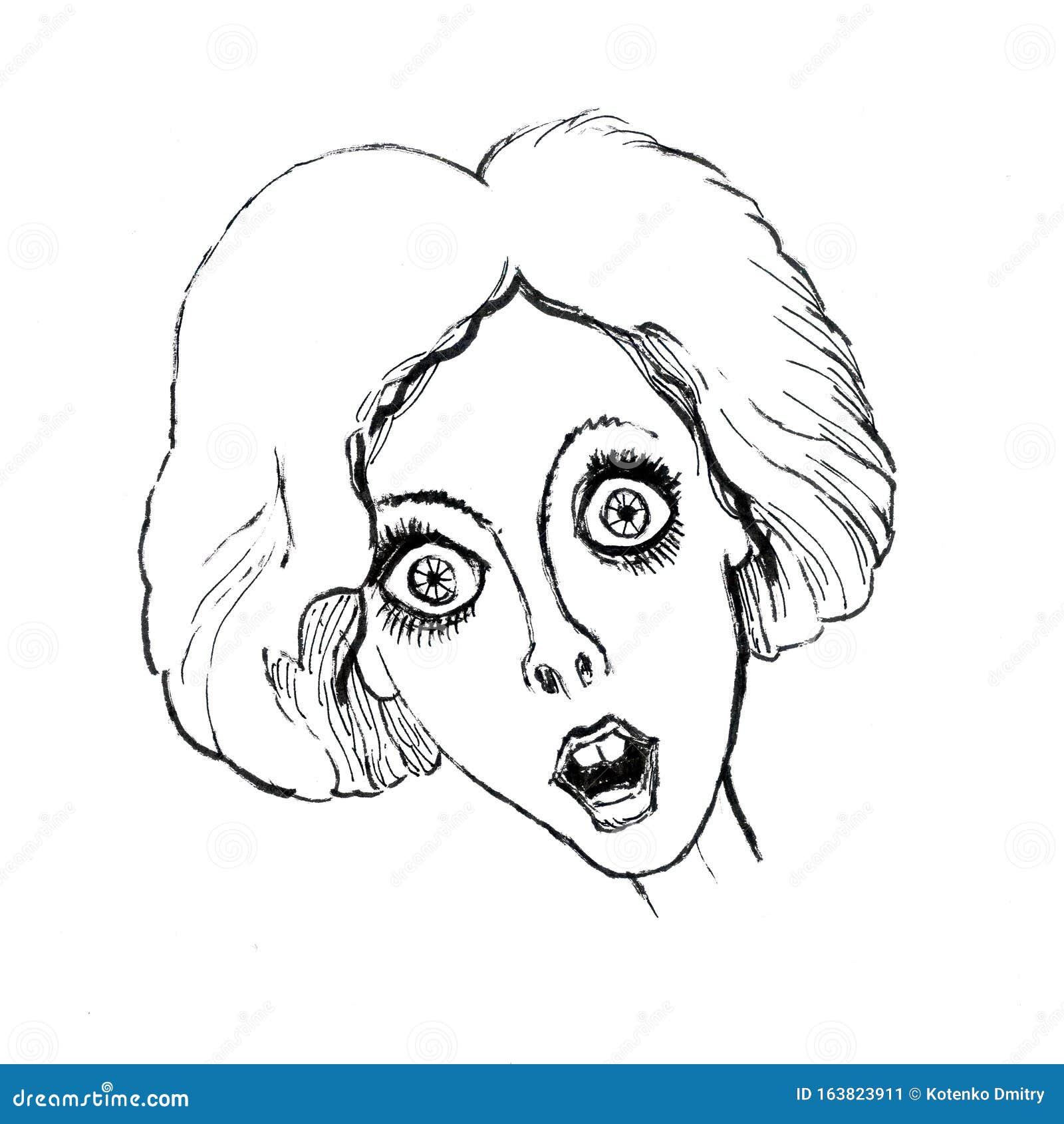 Face Of A Surprised Girl Cartoon Style Ink Drawing Stock