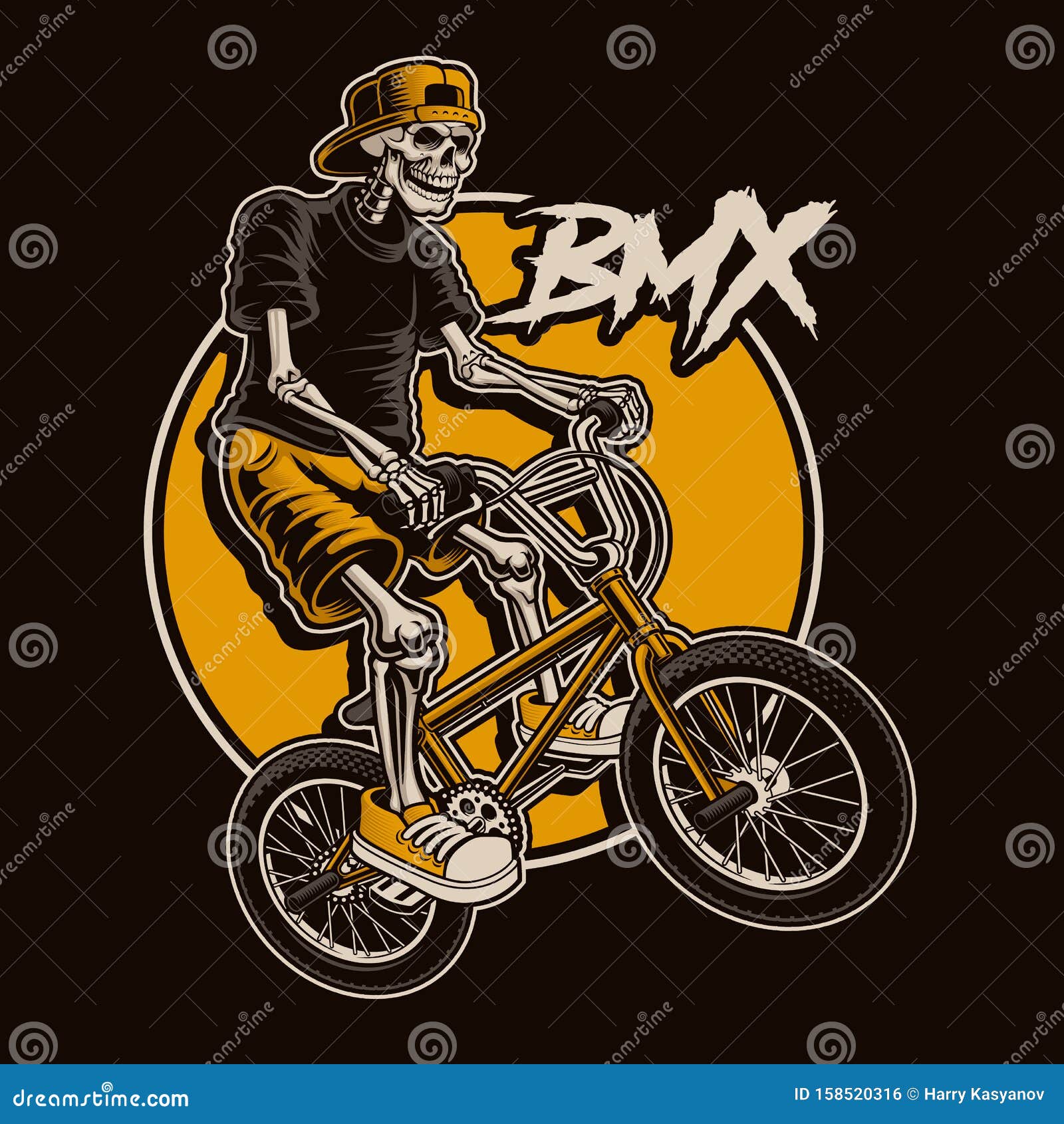 Illustration with a Skeleton is Jumping on Bmx Bike. Stock Vector