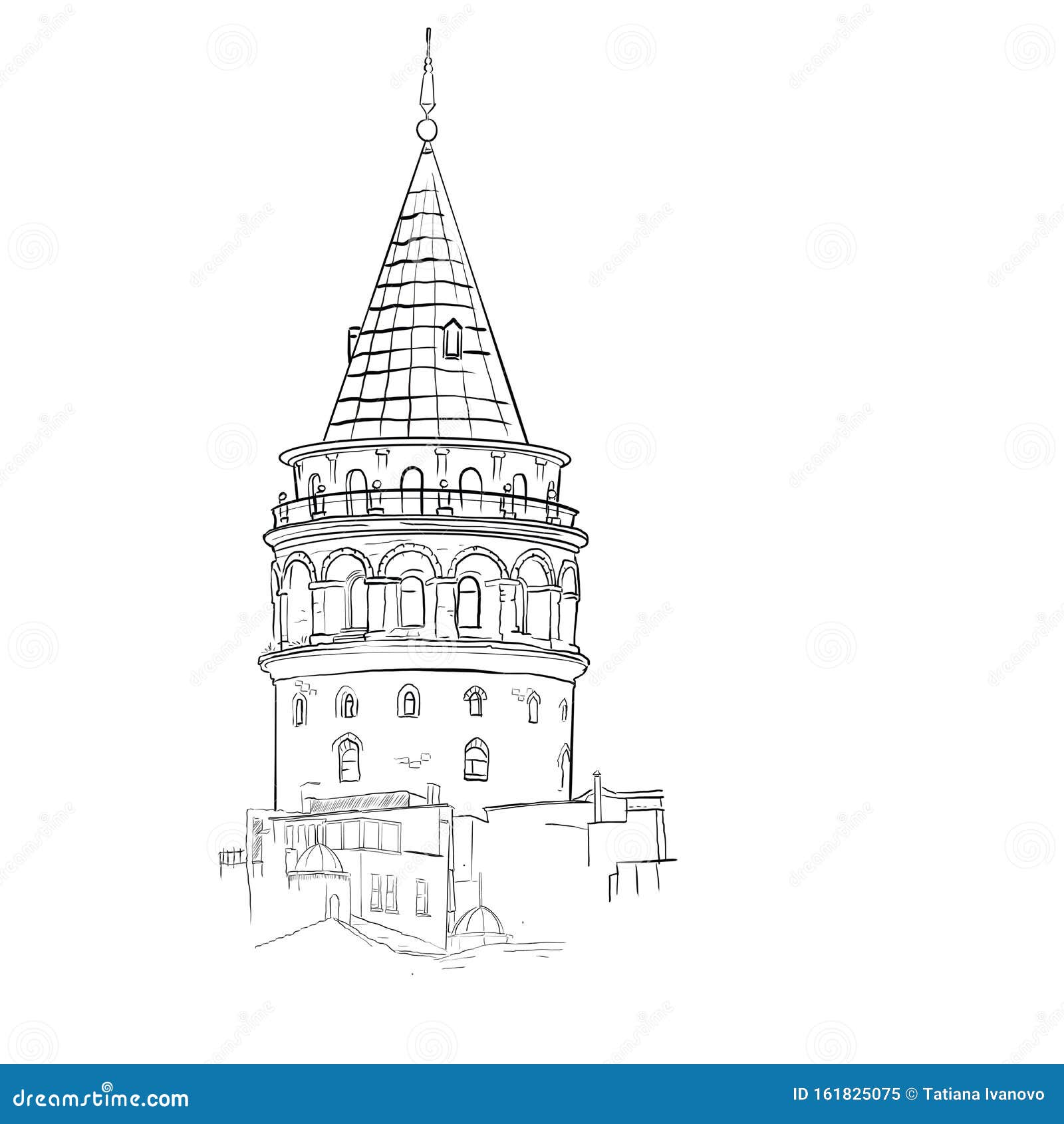  sketch with the silhouette of the galata tower in istanbul.  black contour on a white background.