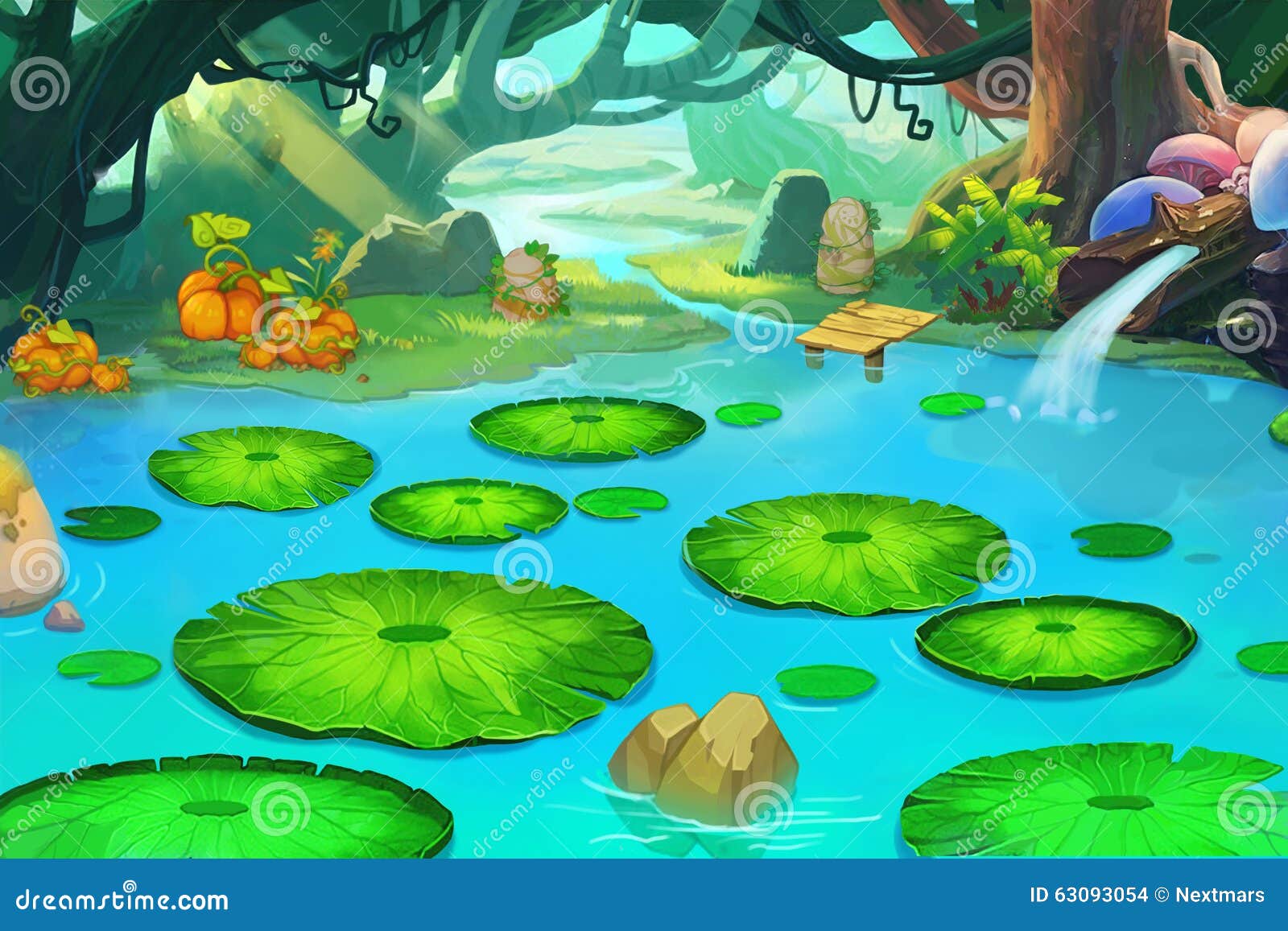 illustration sleeping pond forgotten forest realistic fantastic cartoon style scene wallpaper background design 63093054