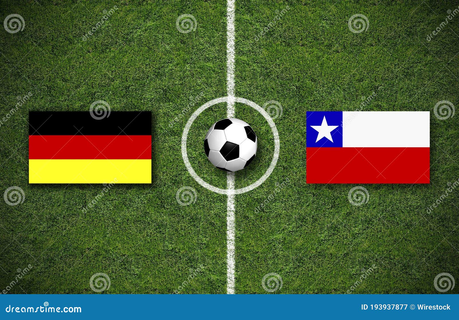 Illustration of a Soccer Field with Flags of Germany and Chile on the Competing Sides Stock