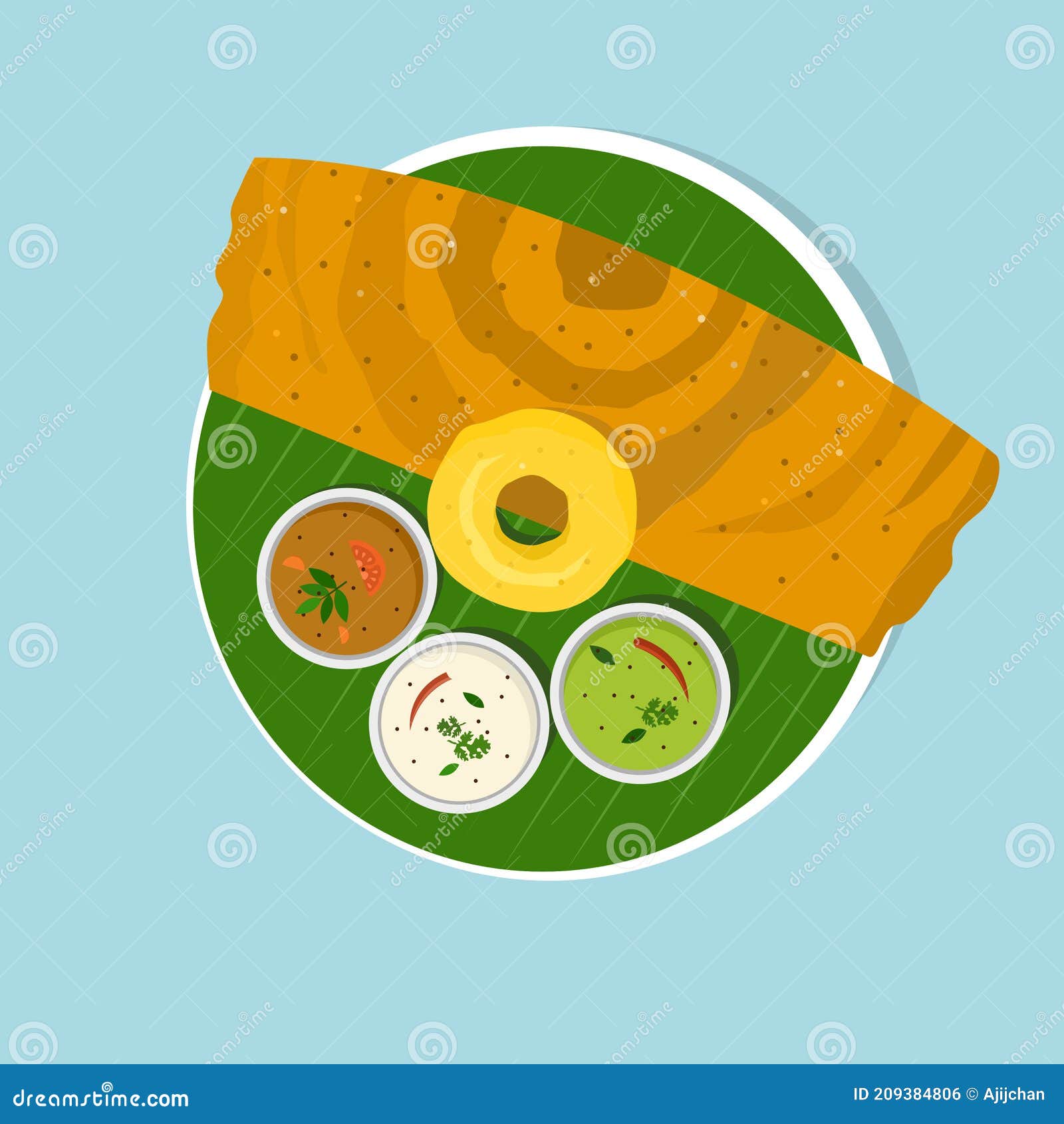 South Indian Breakfast Dish `Dosa and Vada with Sambar and Chutney` on  Banana Leaf Stock Vector - Illustration of kerala, platter: 209384806