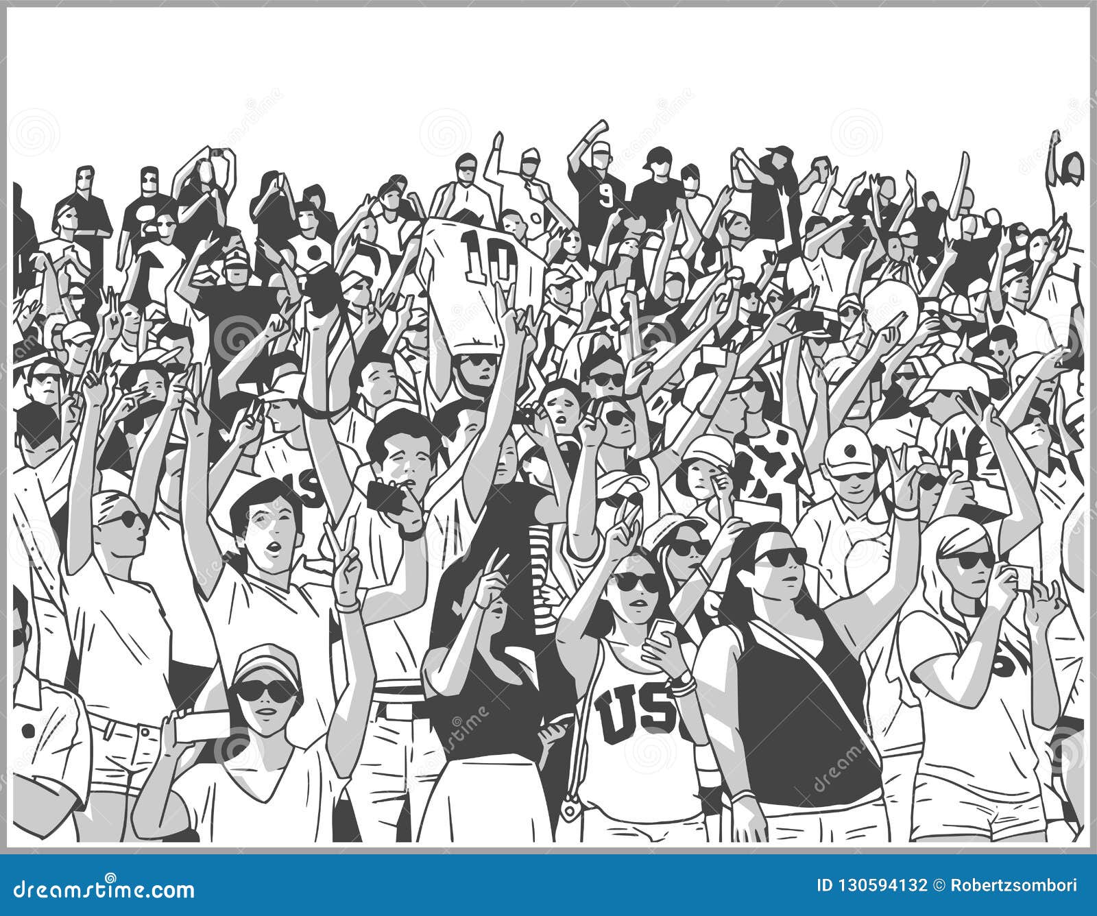 Illustration Of Sport Stadium Crowd Cheering In Black And White Stock