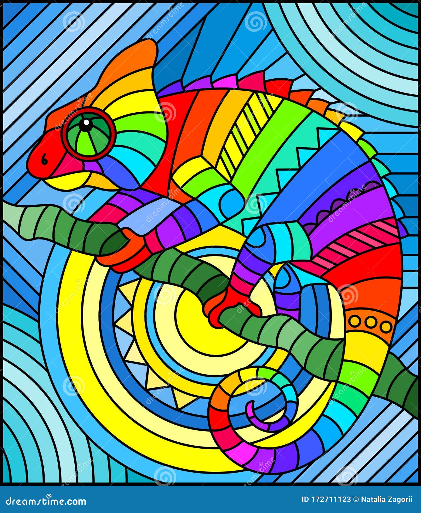 Stained Glass Illustration with Abstract Geometric Rainbow Chameleon
