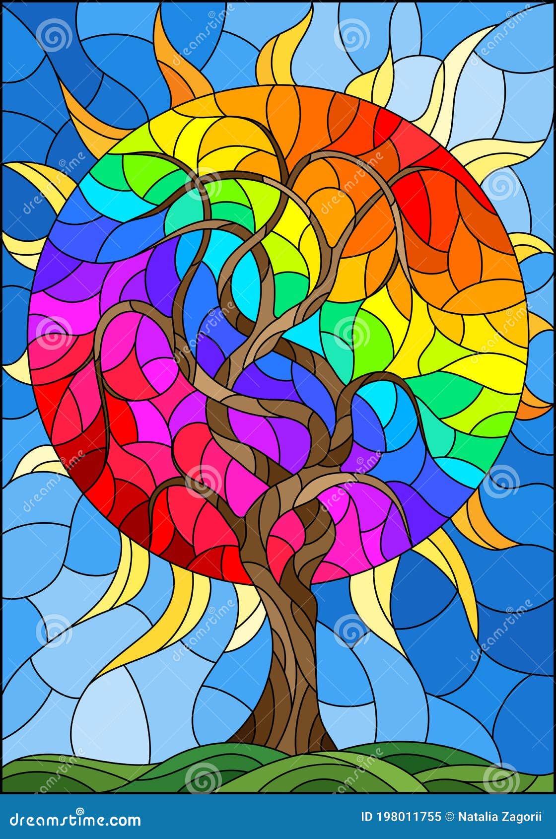 Stained Glass Illustration With An Abstract Round Rainbow Tree On A Background Of Sky And Sun Stock Vector Illustration Of Fairy Embellish