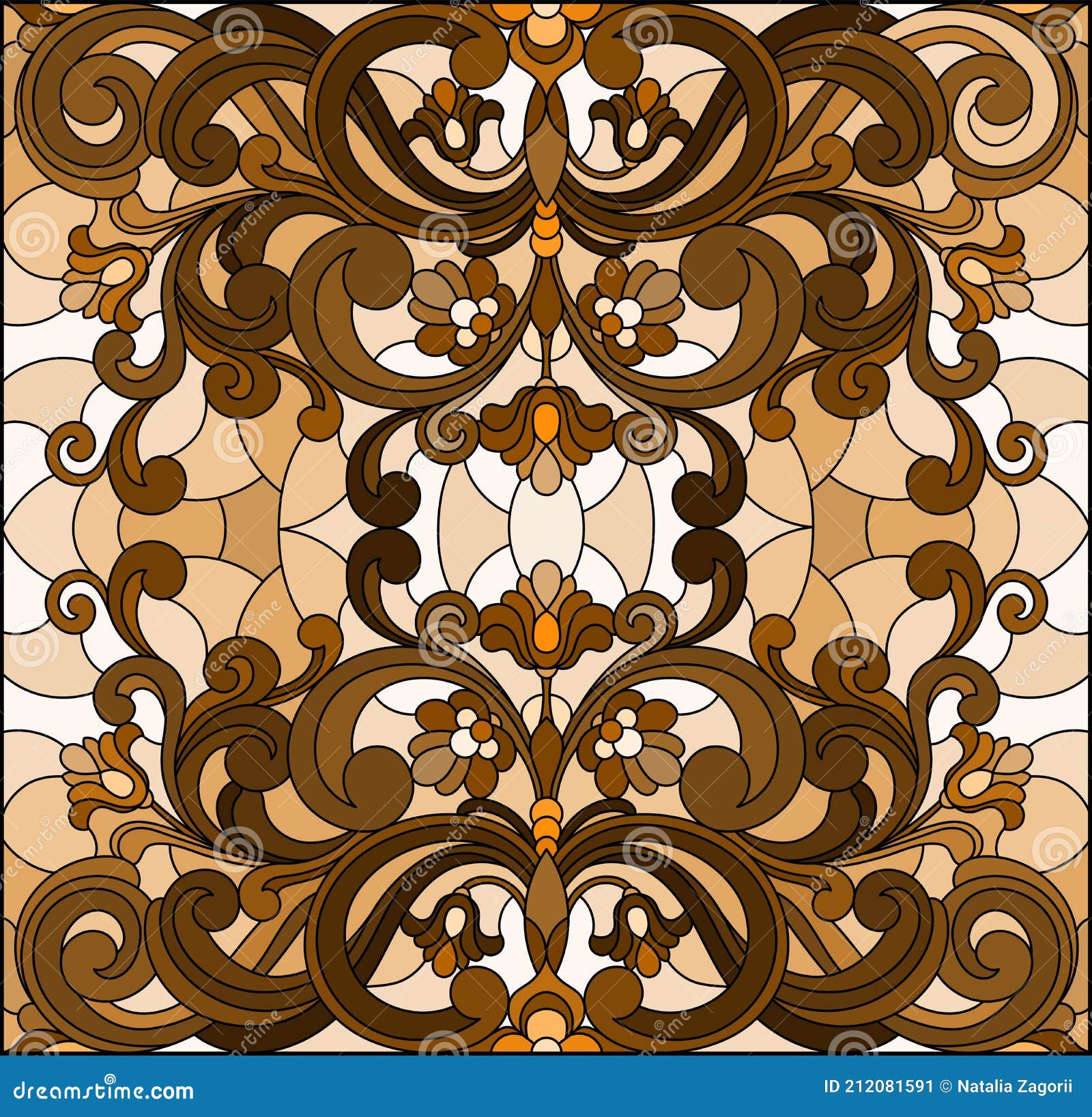 stained glass  with abstract  swirls,flowers and leaves,square imagen,  monochrome,tone brown