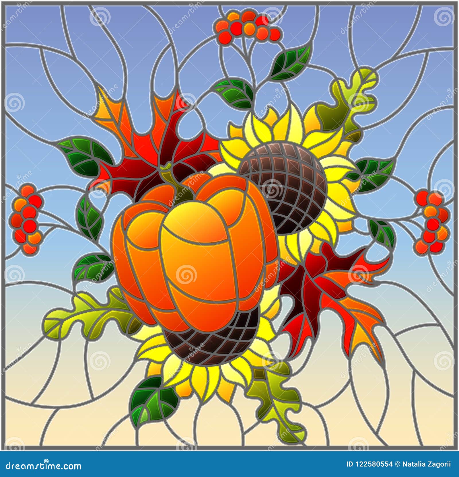 Stained Glass Illustration with Autumn Composition, Bright Leaves