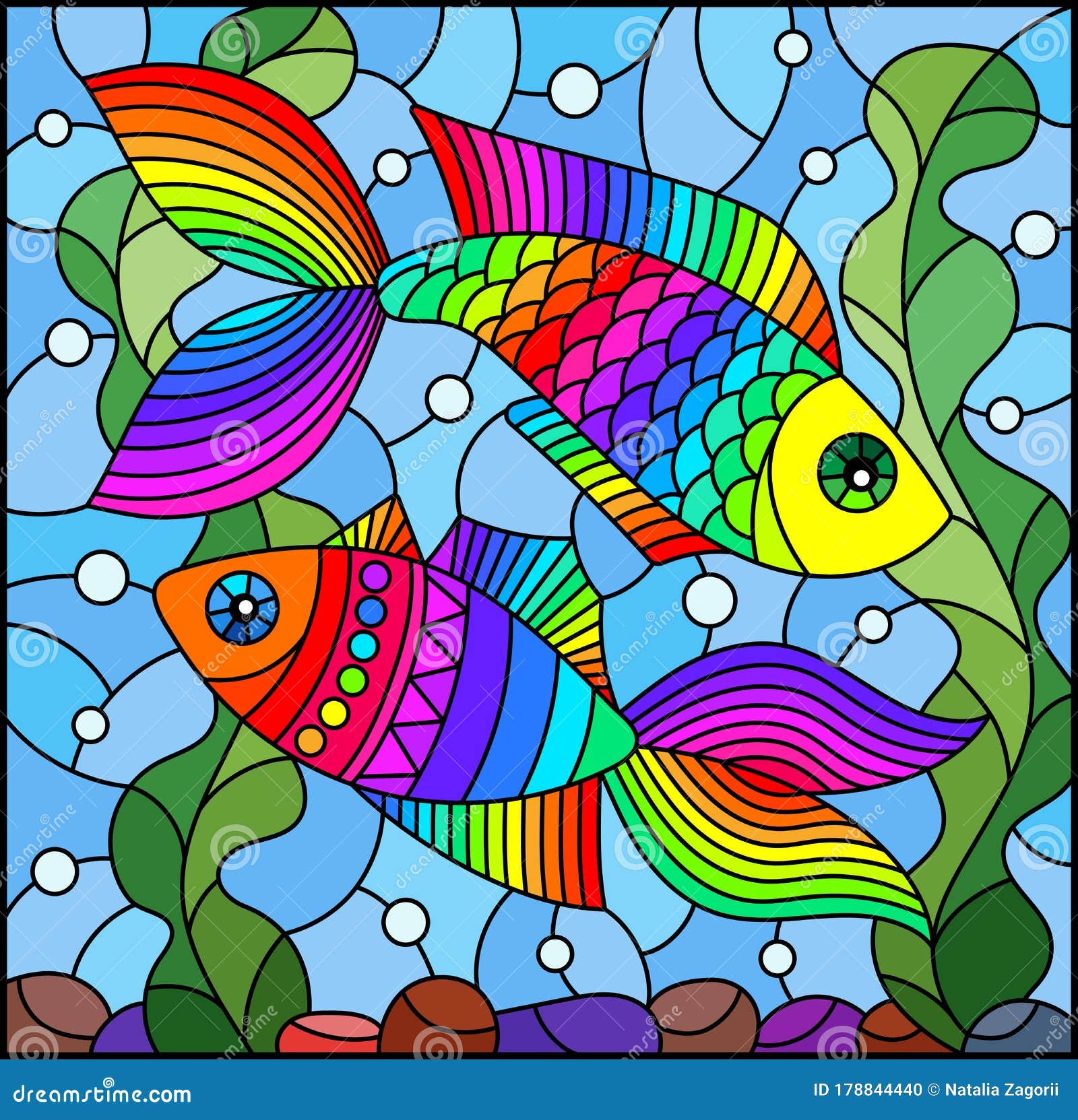 Stained Glass Illustration with Bright Rainbow Fish on the Background