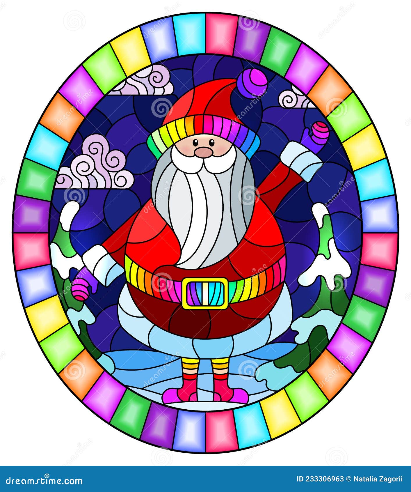 stained glass  with a cartoon santa claus in a red suit on the background of christmas trees, snowdrifts and the night