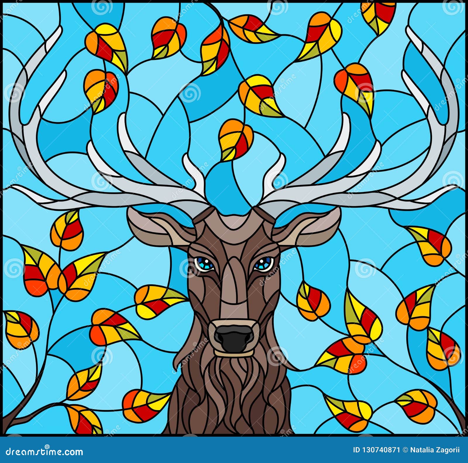 Stained Glass Illustration with Deer Head,on the Background of Autumn