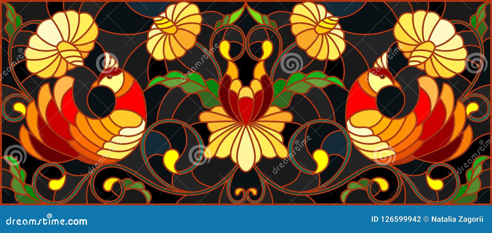 Stained Glass Illustration with a Pair of Birds , Flowers and ...