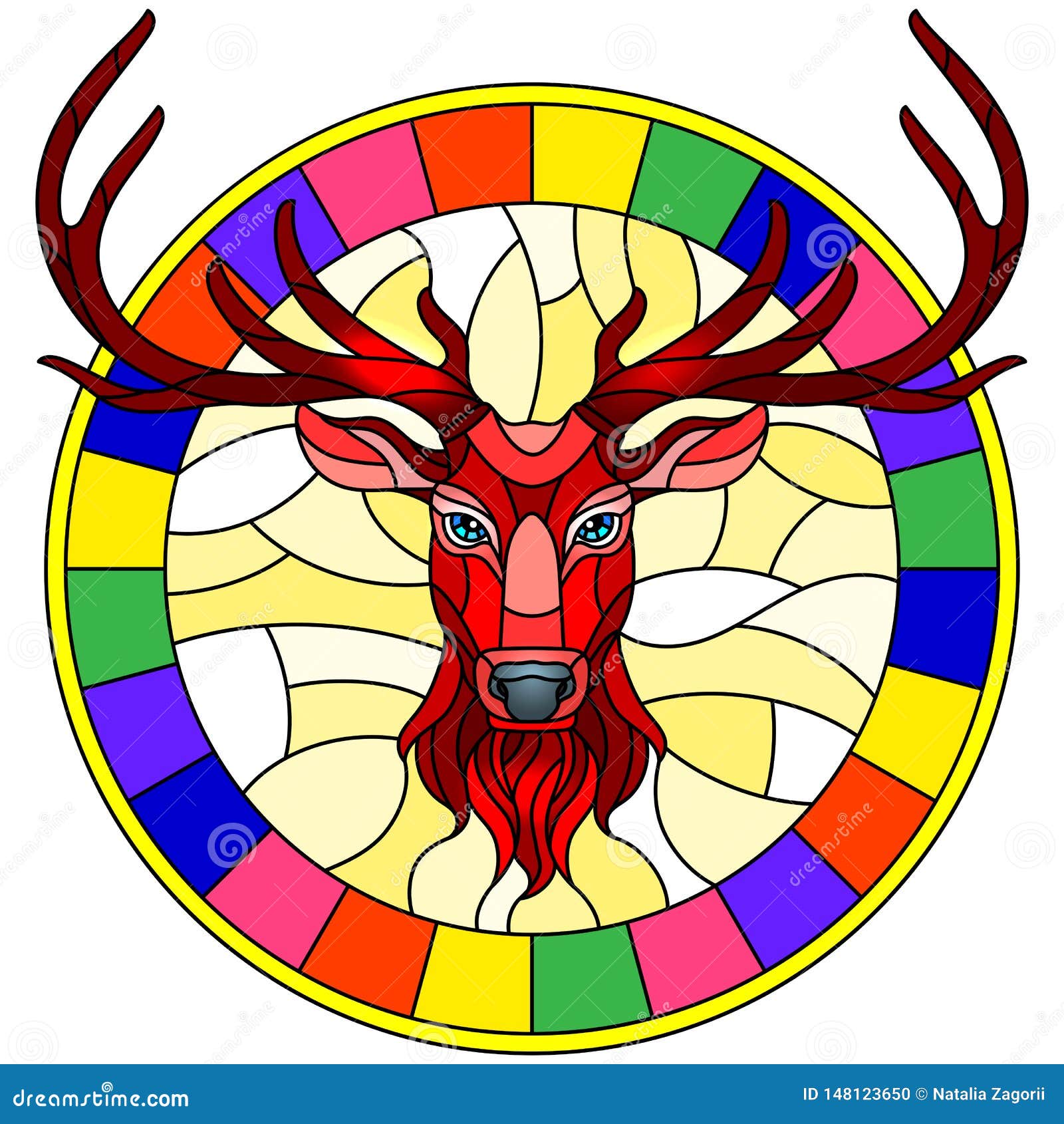 Stained Glass Illustration with Red Deer Head in Round Frame on White