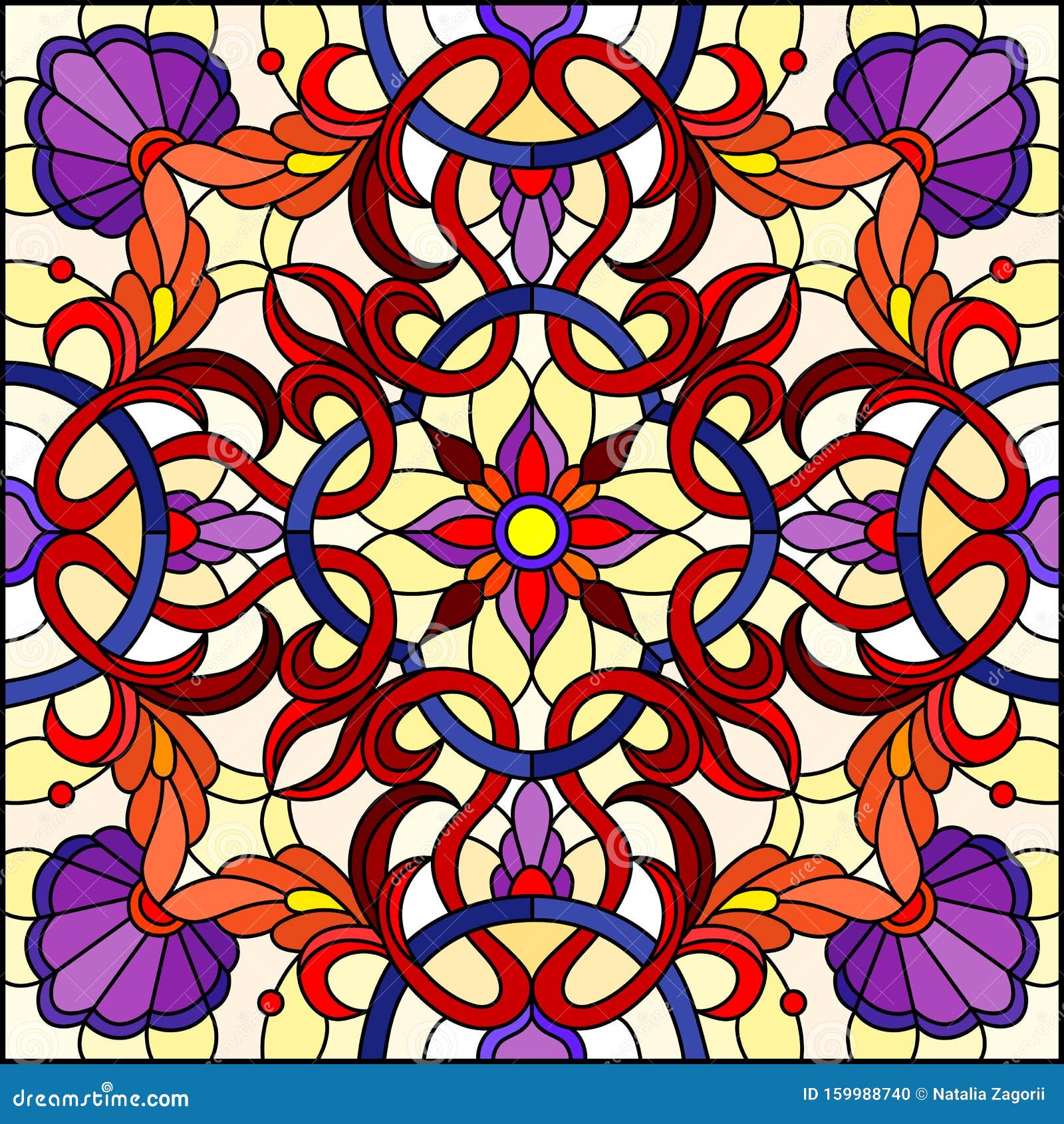 stained glass  with  square mirror image with floral ornaments and swirls,red and purple patterns on yellow background