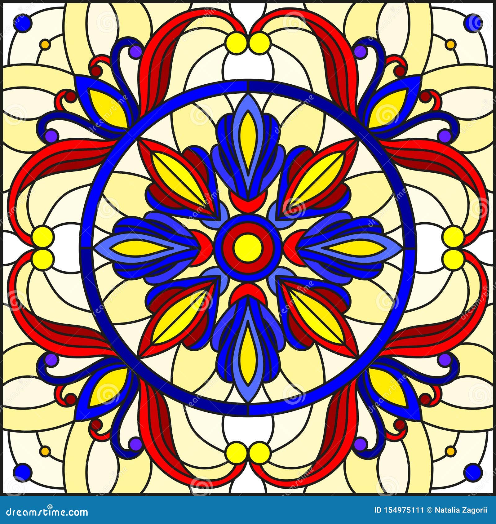 stained glass   square mirror image with floral ornaments and swirls,red and purple patterns on yellow background