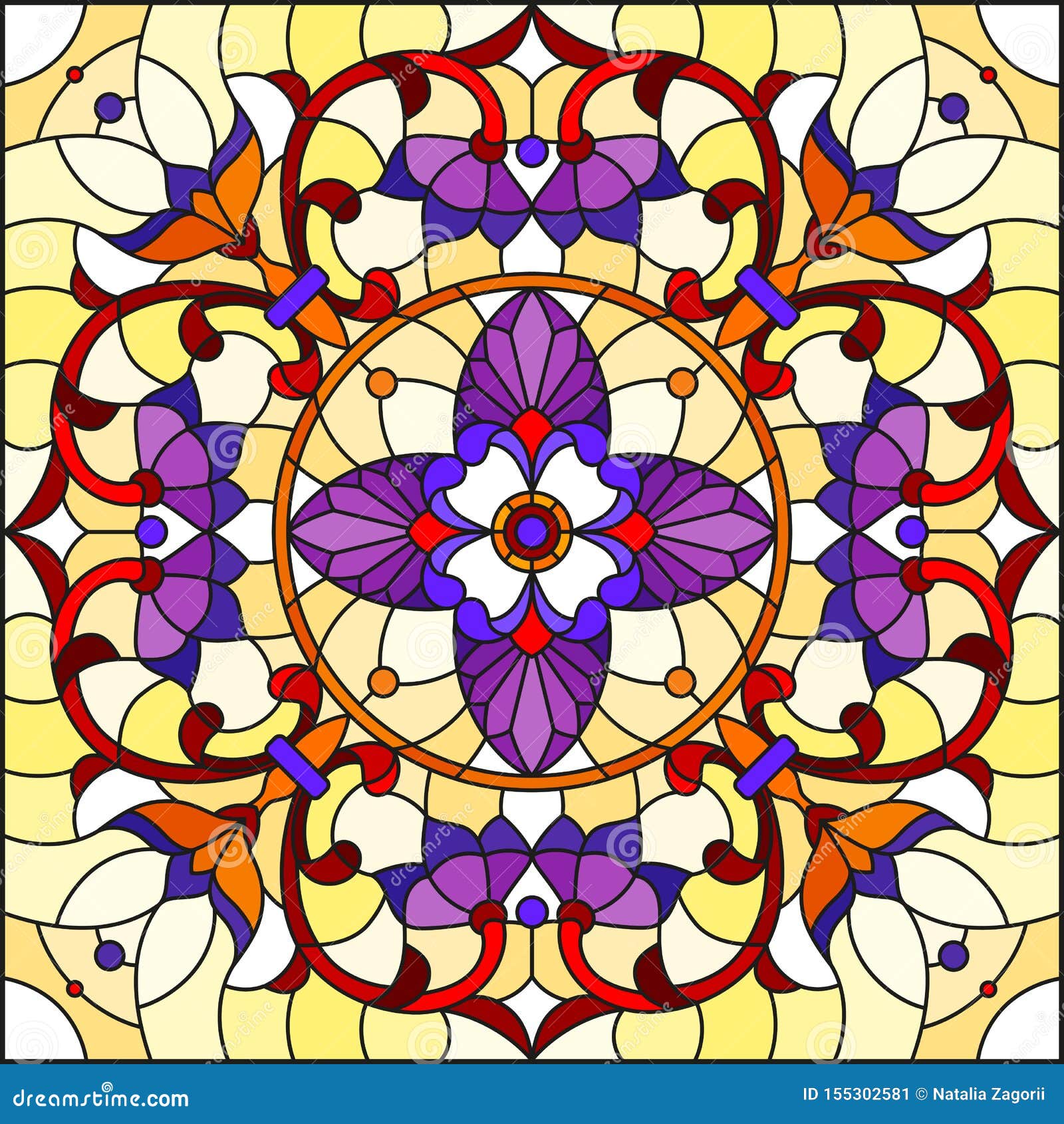 stained glass  with  square mirror image with floral ornaments and swirls,red and purple patterns on yellow background